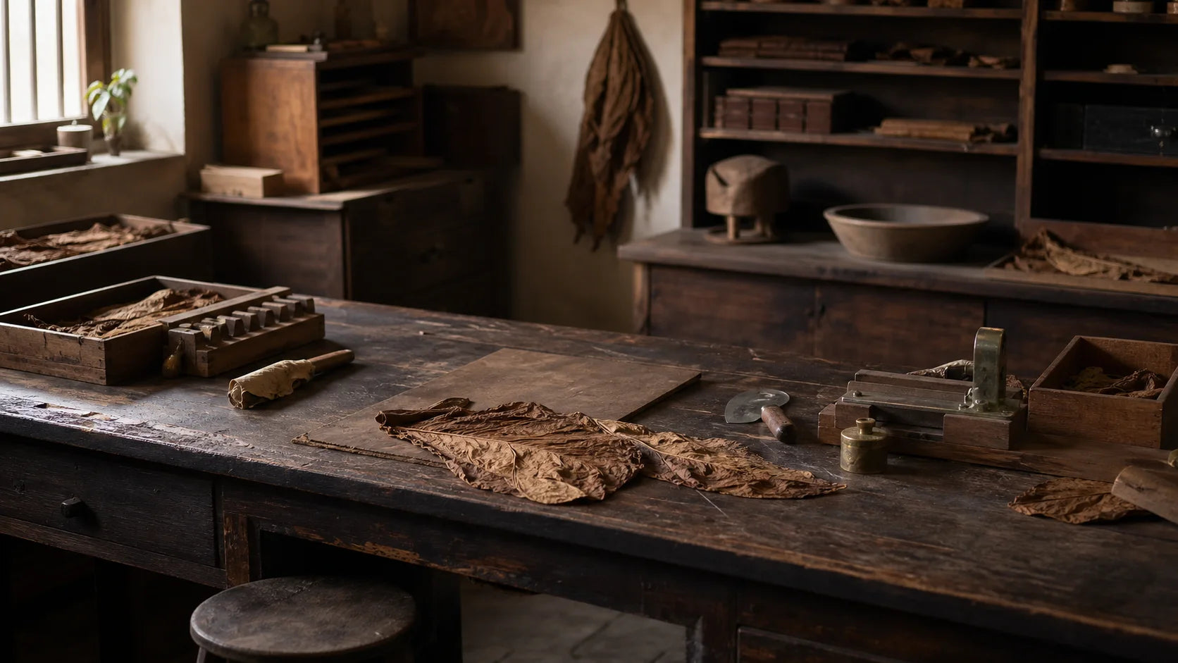 A quiet cigar rolling workshop with tobacco leaves and tools on a wooden bench